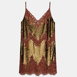 Zara ZW Collection Lace Sequin Mini Dress Gold Brown Size S NWT Limited Edition